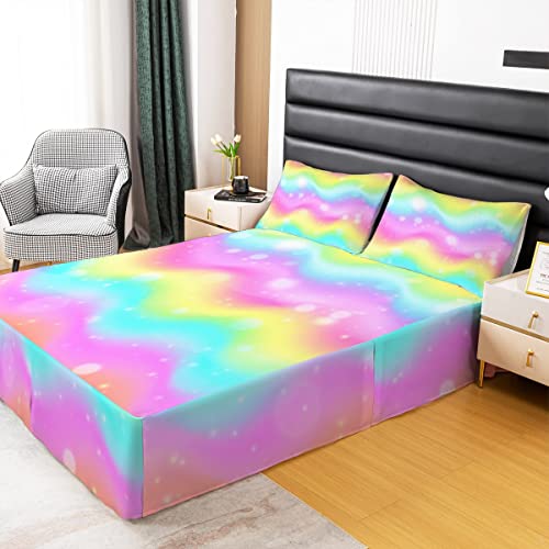 Rainbow Bed Skirt King Size For Kids Adult,Abstract Artsy Colorful Glitter Trippy Bed Skirts Exotic Gradient Tie Dye Bedskirt Iridescent Watercolor Bedding Decor Ombre Fluid Art Cute Room Decor #TOP1