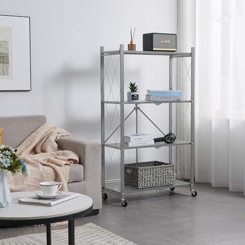 Image of BRIAN & DANY 4-Tier Foldable Storage Shelves with Wheels, Folding Metal Rack Shelving Unit, Heavy Duty No Assembly Organizer Shelf for Garage, Kitchen, Basement, Pantry, Gray