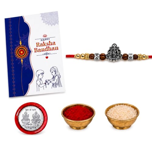 Image of Oblivion Rakhi For Brother - Elegant Stylish God Designer Rakhi with Beads and Silver Colour Pooja Coin, Tilak Set & Greeting Card - Traditional Raksha Bandhan Combo for Bhai (Ganesha, Variant 6)