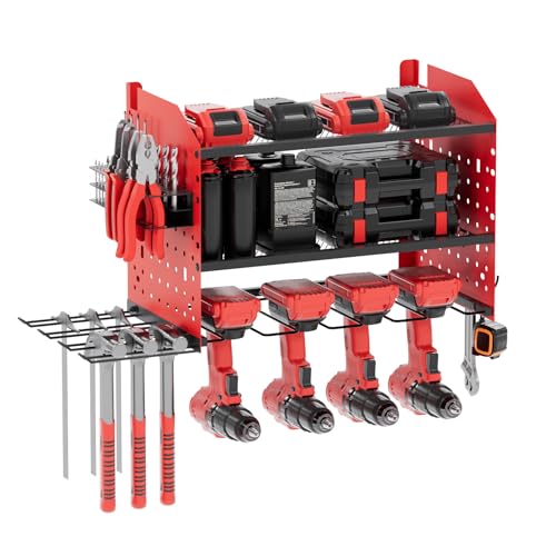 Jellybibo Rangement mural pour outil électriques, Étagère à outils à 3 niveaux pour 4 outils électriques, avec support pour tournevis, marteaux, pour garage