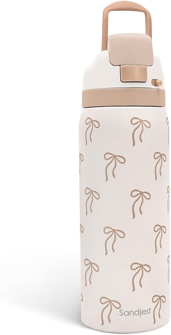 Bow Insulated Stainless Steel Water Bottle with Straw for Sports and Travel, 32oz, Gifts for Women Girls Friends Teens Birthday Christmas (Brown)