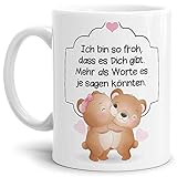 Tassendruck Bärchen-Tasse mit Spruch - Ich Bin froh, DASS es Dich gibt - Kaffeetasse/Liebe/Partner/Geschenk-Idee - Weiß