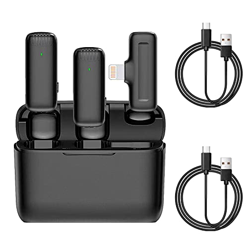 Lavalier - Juego de 2 micrófonos inalámbricos para iPhone/iPad con Caja de Carga, 7H, micrófono inalámbrico Profesional con Solapa, Mini micrófono inalámbrico para grabación de vídeo y grabación Cover