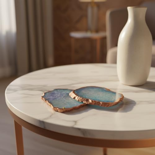Image of Pack of 2 Agate Stone Rose Gold Plated Coaster | Tea Coaster for Dining Table | Coasters for Cups Set | Dining Table Decorative Item for Table | Vintage Handmade Coasters | Blue