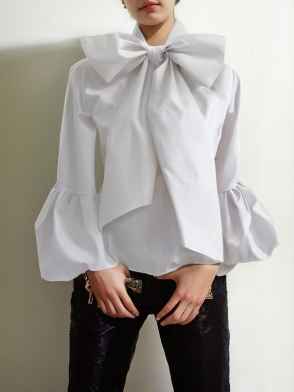 UOOZEE Women's Elegant Bow Tie Neck Blouse Long Puff Sleeve Dressy Casual Shirts Office Work Evening Party High Neck Tops