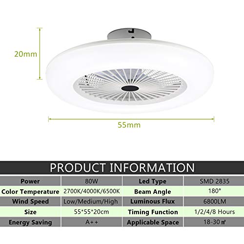 Izrielar Ventilador de Techo de 80W con Luz y Mando a Distancia, con Ventilador Velocidad del Viento Ajustable y Temperatura de Color, Temperaturas de Color, Temporizador Para Dormitorio Sala de Estar