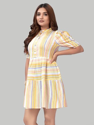 Image of Women's Cotten Light Colour Western Stripe Dress, Knee Length Puff Slevee