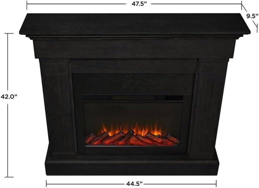 Bowery Hill 47.5" Slim Solid Wood Electric Fireplace, Black Finish, Glass Details, Compact Design, 42" H x 47.5" W x 9.5" D, Remote Control, Adjustable Flames, Supplemental Heat for Small Rooms or