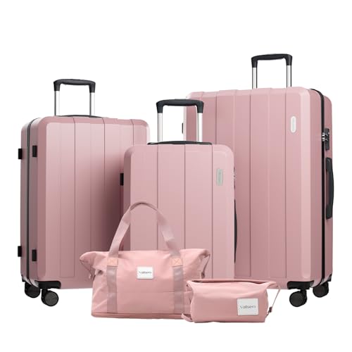 Vallsero Koffer Set, Gepäck Set, Trolleys, Reise Koffer 5tlg, ABS, TSA-Schloss, Enthält 1 Reisetasche und 1 Kulturbeutel, 4 Rollen, Aluminium-Teleskopgriff (Roségold)