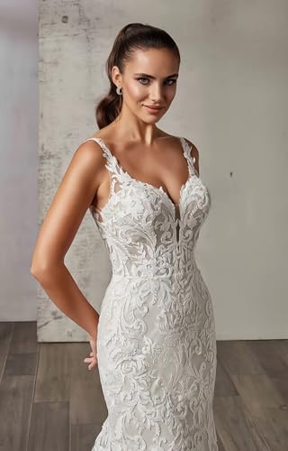 Mermaid Tulle Wedding Dresses for Bride 2025 Lace Appliques Spaghetti Straps V Neck Bridal Gown with Train4