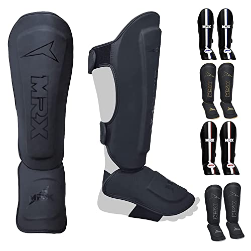 MRX BOXING & FITNESS Shin Guards Pads for Boxing MMA Muay Thai Kickboxing Training Workout Extra Padding with Deluxe Embossed Design Protective Gear Men Women Shin Protector Black