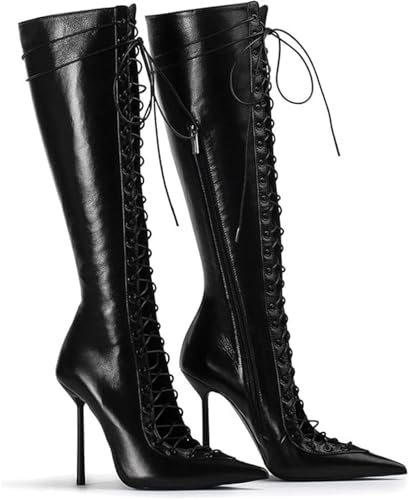 Gikleihwy Stivaletti Donna Alti allacciati con Lacci, Tacco a Spillo Punta Fine Stivali Gotici, Materiale Maglia Elasticizzata per Polpacci Larghi - Per Serata, Discoteca, Cosplay(Black,42 EU)