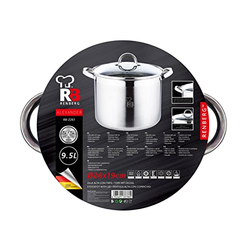 Miniatura 8 de Renberg Alexander Acero Inoxidable Batería De Cocina Fondo Encapsulado De 5 Capas Olla De Cocina Alta De 26x19 Cm Y 9,5 Litros Con Tapa De Cristal