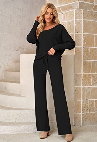 Women's Plus Size 2 Piece Knitted Tracksuit Sexy Off Shoulder Long Batwing Sleeve Pullovers Tops And Drawstring Wide Leg Pants Black Large #TOP3