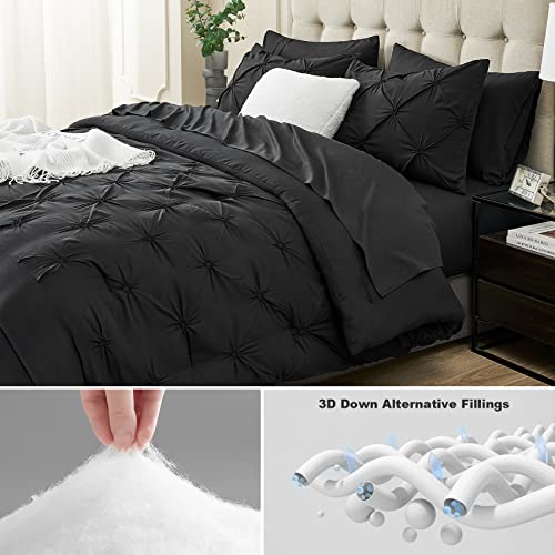 Hansleep Pintuck Queen Size Bed Set Black - 7 Pieces Comforter Set Queen With Pinch Pleat Comforters, Sheets, Shams & Pillowcases #TOP6