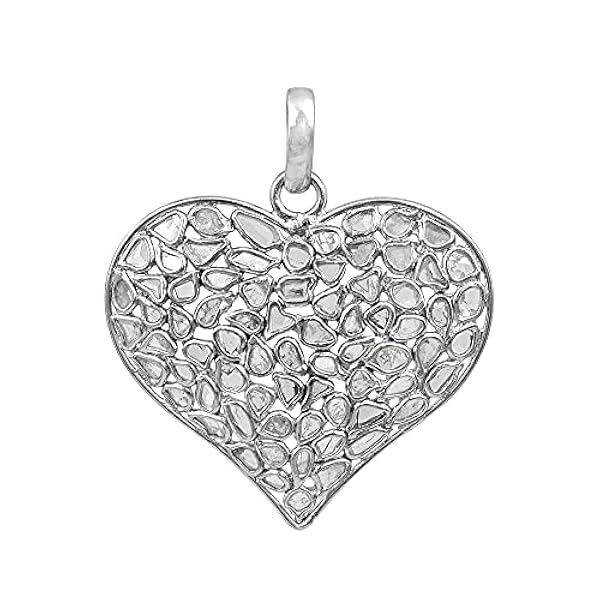 Shine Jewel 2,50 CTW Ciondolo a forma di cuore di Polki con diamanti naturali in argento sterling 925 placcato in platino con diamanti a fette