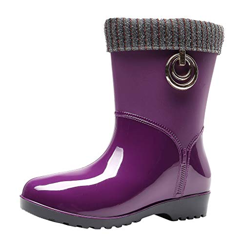 Bottines Fourrées Femme, Impermeable Antidérapant Jardinage Chaussures Confortable Extérieur Travail Bottes Randonnées Pluie Caoutchouc Bottine, Purple, 37