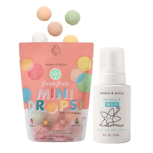 Image of Dabble & Dollop Fresh Fruit Mini Bath Bombs + Vanilla 3-in-1 Shampoo, Body Wash and Bubble Bath for Kids - Toddler & Kids Bath Set, No Synthetic Dyes, Vegan, Gluten-Free, Cruelty-Free (Pack of 2)