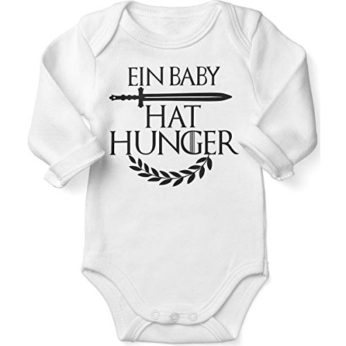 Mikalino Babybody mit Spruch für Jungen Mädchen Unisex Langarm EIN Baby hat Hunger | handbedruckt in Deutschland | Handmade with Love, Farbe:Weiss, Grösse:62