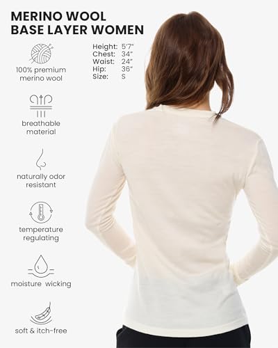 Image of Merino Wool Base Layer Women - 100% Merino Wool Shirt Women Thermal Underwear Long Sleeve T-Shirt for Hiking