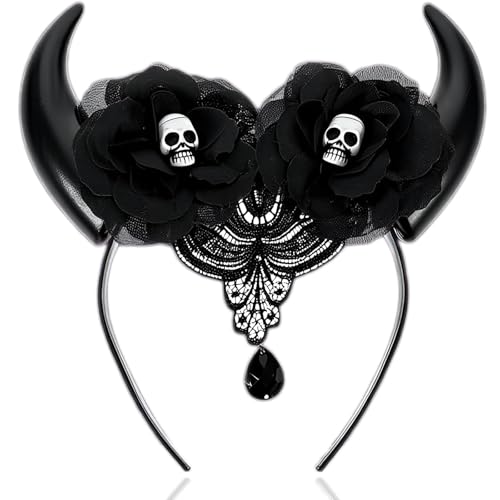 Roffiy Devil Horn Headband Skull Floral Gemstone Halloween Headbands