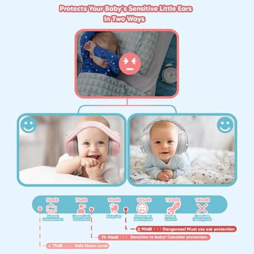 Orejeras para bebés 2 en 1 con diadema ajustable rosa protección auditiva 6