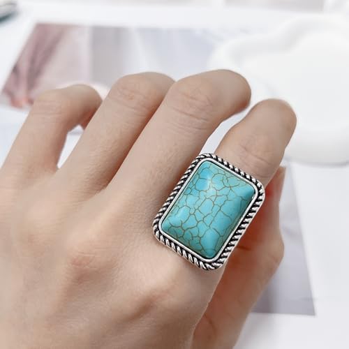 Boho Turquoise Square Ring for Women Antique Silver Open Adjustable Vintage Stackable Midi Joint Finger Ring Wedding Party American Western Jewelry Birthday Graduation Gift Comfort Fit2