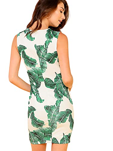 Floerns Women's Palm Leaf Print Sleeveless Round Neck Work Bodycon Dress Green L #TOP1