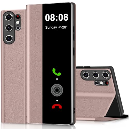 Étui à rabat pour Samsung Galaxy S24 Ultra S View rose housse protection cuir TPU anti-rayures