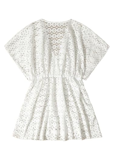 WDIRARA Girl's Sheer Hollow Out V Neck Cover Up Short Sleeve Beach Dress Coverups2