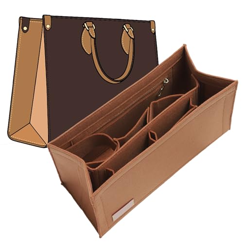 Bolsa organizadora para bolsa LV On The Go MM e Dior, bolsa organizadora personalizável de 9 seções com bolso seguro com zíper, suporte para garrafa de água, protetor modelador de bolsa (Camel)