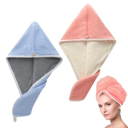 XURJUMI 2 Piezas Toalla Turbante para el Pelo - Microfibra - Gorras para El Cabello con Botones - Toalla Pelo Microfibra Anti frizz - SúPer Absorbentes de Secado RáPido