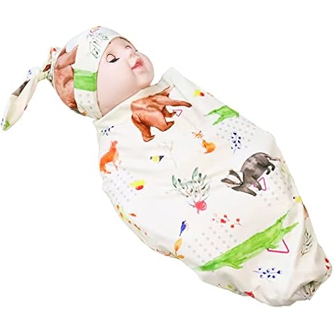 TANOFAR Newborn Swaddle Sack, Baby Swaddle Receiving Blankets with Baby Hat, Sleeping Sack Soft Stretchy Cotton, Newborn Baby Photography Prop (Animals) Cover