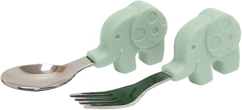 PRIMEIRO JOGO DE COLHER E GARFO EM SILICONE E INOX ELEFANTE OLLIE VERDE MENTA - COM CASE