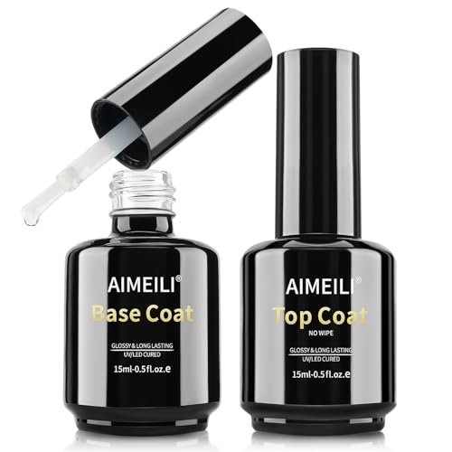 Confezione - AIMEILI Gel Top Coat e Base Coat Set (15 ml per flacone): Sono compatibili con tutti i marchi di smalto gel soak off. Adatto per unghie naturali, unghie in gel, base di gomma, base gel costruttore, gel costruttore di unghie, unghie artificiali, unghie acriliche, nail tips, ecc.