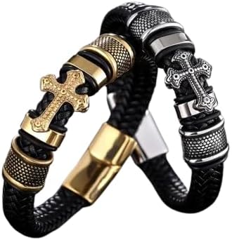 New Fashion Men's Christian Cross Double Row Genuine Leather Bracelet, Braided Cuff Bracelet for Men, Men accessory - Image 4