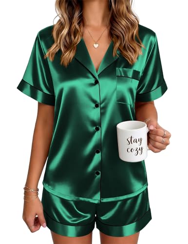 Image of Ekouaer Satin Pajamas for Women Silk Pjs Short Set 2 Piece Lounge Sets | Short Sleeve Button Up Sleepwear,Notch Collar,Sleep,Bridal,Maternity,Postpartum,Wedding Party,Daily,Working from Home,Gifts