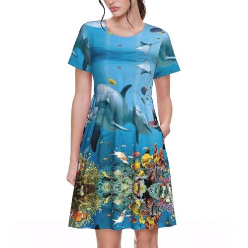 Robe d'été décontractée motif dauphin avec poches pour femme