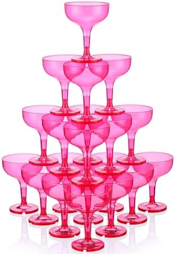 Zopeal 30 Pcs Champagne Coupe Glasses 5 oz Plastic Champagne Tower Disposable Martini Glasses Stackable Stemmed Margarita Coupe for Wedding Birthday Valentine's Day Party Bar(Hot Pink,Translucent)