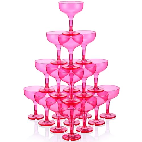 Zopeal 30 Pcs Champagne Coupe Glasses 5 oz Plastic Champagne Tower Disposable Martini Glasses Stackable Stemmed Margarita Coupe for Wedding Birthday Valentine's Day Party Bar(Hot Pink,Translucent)