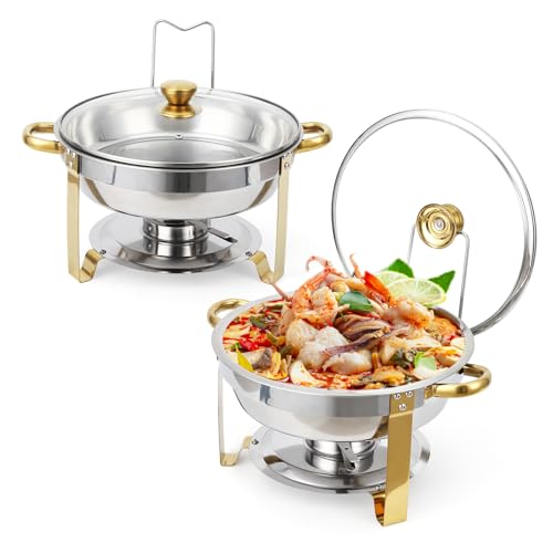 GarveeHome Chafing Dish Buffet Set 2 Pack 5 QT, Stainless Steel Round Chafing Dishes for Buffet With Lid Holder & Glass Lid, Buffet Servers and Warmer