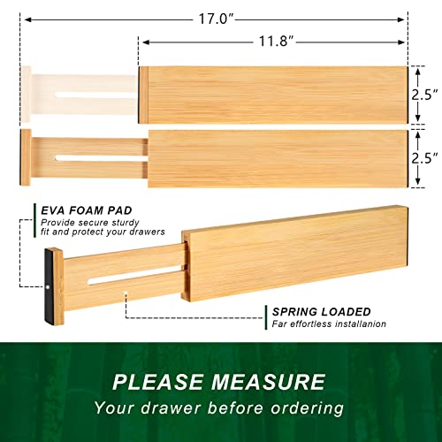 4 Pack Bamboo Drawer Dividers, Adjustable Length From 11 Inch To 17 Inch, Expandable Kitchen Drawer Organizer, Drawer Organization Separators For Clothes, Kitchen, Bedroom, Dresser, Office (Beige) #TOP4