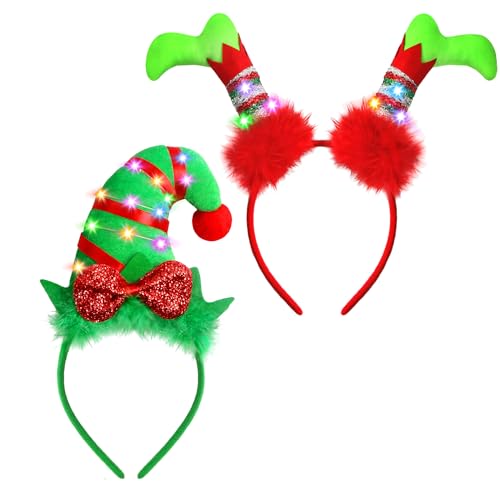 2Pcs Elves Headband Christmas Elf Headbands LED Headband Christmas Headwear
