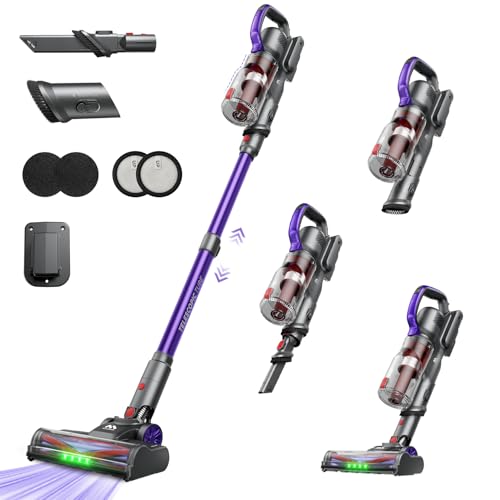 AlloyMove Akku Staubsauger Kabellos 48000Pa/450W/65Min, Leichter Staubsauger mit V-Anti-Tangle-Bürste mit LED-Licht, 65dB Ultra Leise, Selbststehend für Tierhaare Teppiche Hartböden A03