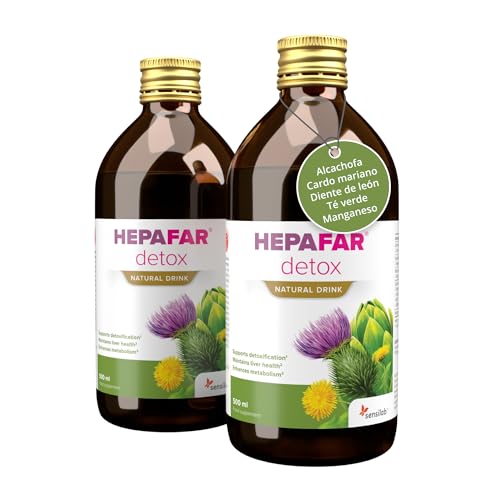 Detox Drink - Cardo Mariano, Te Verde, Alcachofa, Diente de Leon y Manganeso - 2 x 500 ml para 40 Días - Apoyo Hepatico - Hepafar Sensilab
