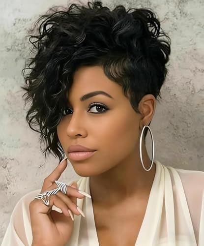 Unipearl Short Curly Pixie Cut Wig Human Hair for Black Women Bob Glueless Wear and Go Wig Brazilian Human Hair Loose Curl Haircut Side Bangs Natural Wavy Wigs Fashion Wigs