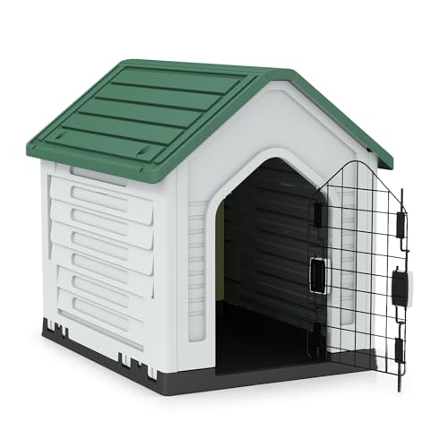 GYMAX Niche pour Chien avec Porte Métallique Verrouillable, Toit Incliné Anti-Accumulation d'eau, Bonne Ventilation, Abri en Plastique pour Animaux Convient...
