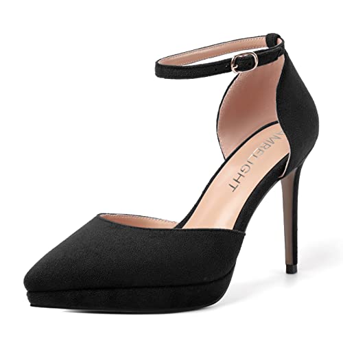 AMBELIGHT Womens Pointed Toe Evening Suede Elegant Dress Shoes Ankle Strap Buckle Stiletto High Heel Pumps Shoes 4 Inch