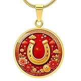 Lucky Horseshoe Necklace – Red and Gold Medallion Pendant Inspired by Year of the Horse Symbolism, Surgical Steel Necklace with Optional Gold Finish (18k gold finish)
