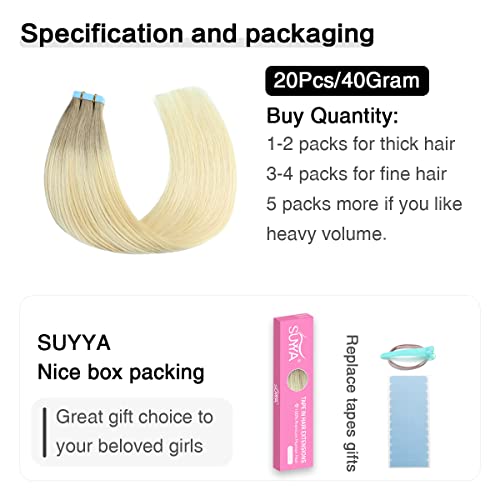 Image of SUYYA Tape In Hair Extensions Human Hair 14 Inch #P22 /60 /T18 Balayage | Remy Human Hair, Invisible Skin Weft, Straight Hair, 20PCS 40G, Ash Blonde to Medium & Platinum Blonde Balayage, Added Length
